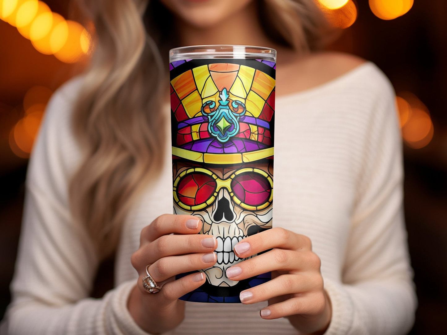 3d evil skull with glasses stained glass tumbler wrap - Premium tumbler from MyDesigns - Just $29.95! Shop now at Lees Krazy Teez
