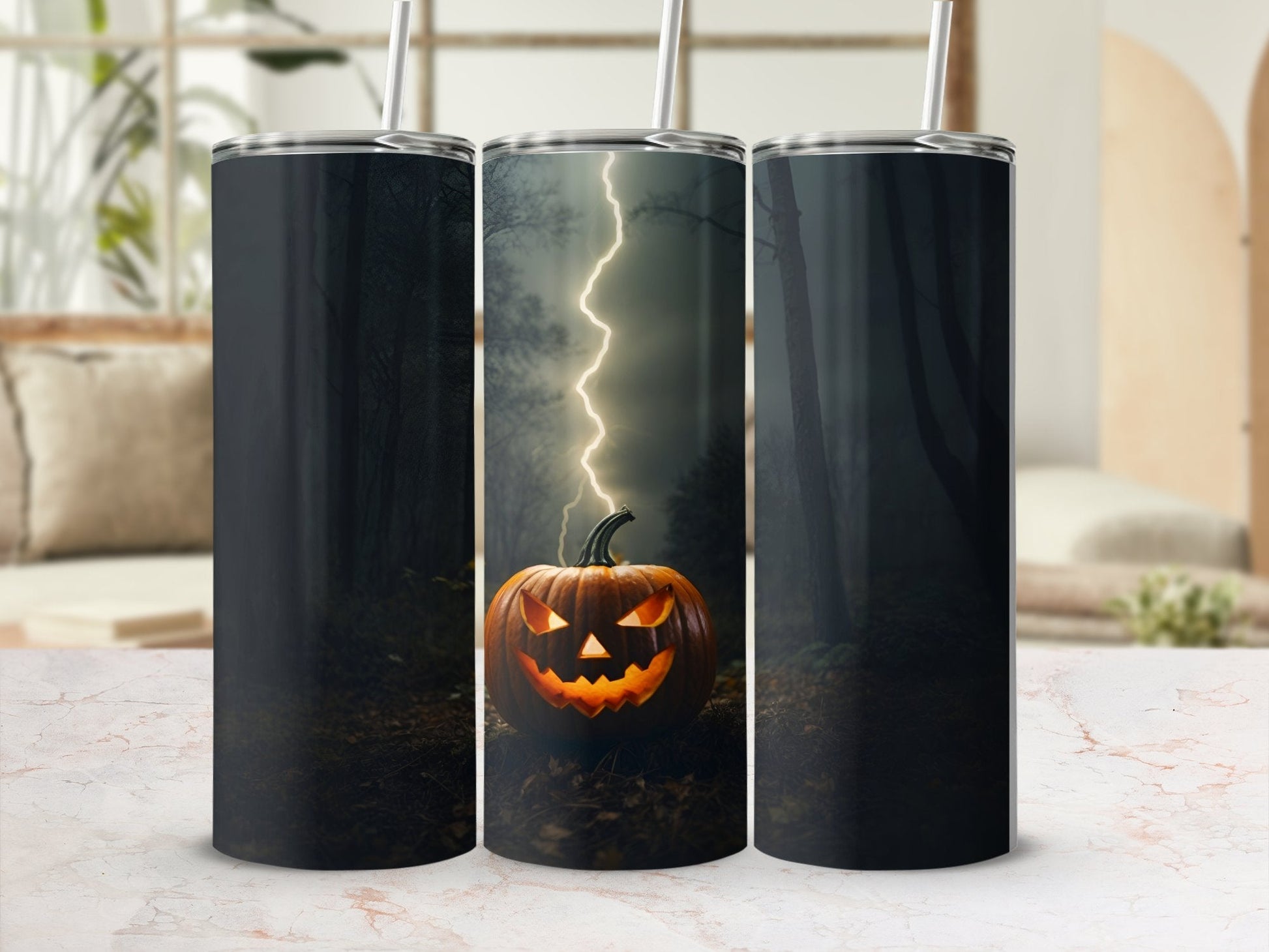 Jack o Lantern in a lighting storm 20oz tumbler - Premium tumbler from MyDesigns - Just $26.95! Shop now at Lees Krazy Teez