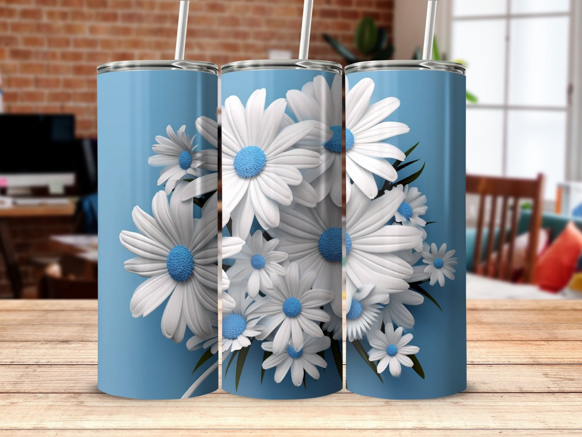 3D White Blue Daisies Flowers 20 Oz 20oz skinny tumbler - Premium tumbler from MyDesigns - Just $29.95! Shop now at Lees Krazy Teez