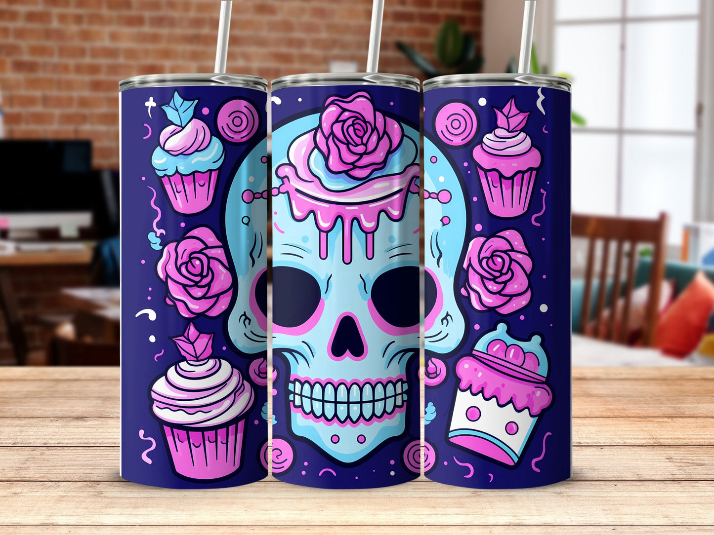 Blue skull pink cupcakes 20oz skinny tumbler - Premium tumbler from MyDesigns - Just $29.95! Shop now at Lees Krazy Teez