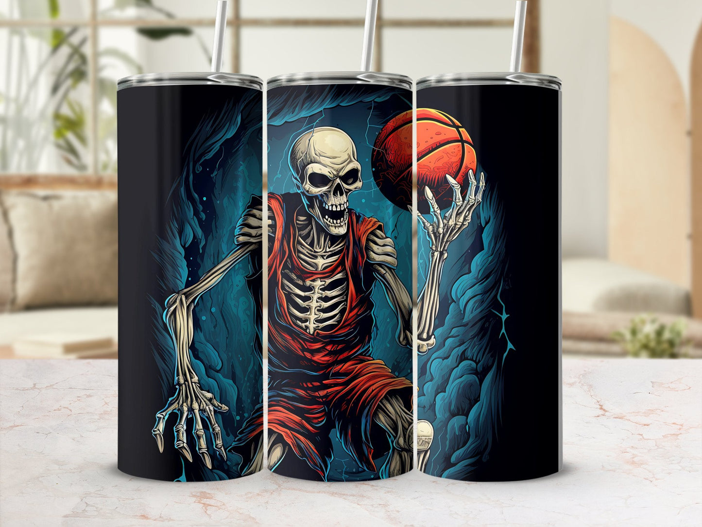 skeleton holding basketball - 20oz skinny sublimation tumbler - Premium tumbler from MyDesigns - Just $29.95! Shop now at Lees Krazy Teez