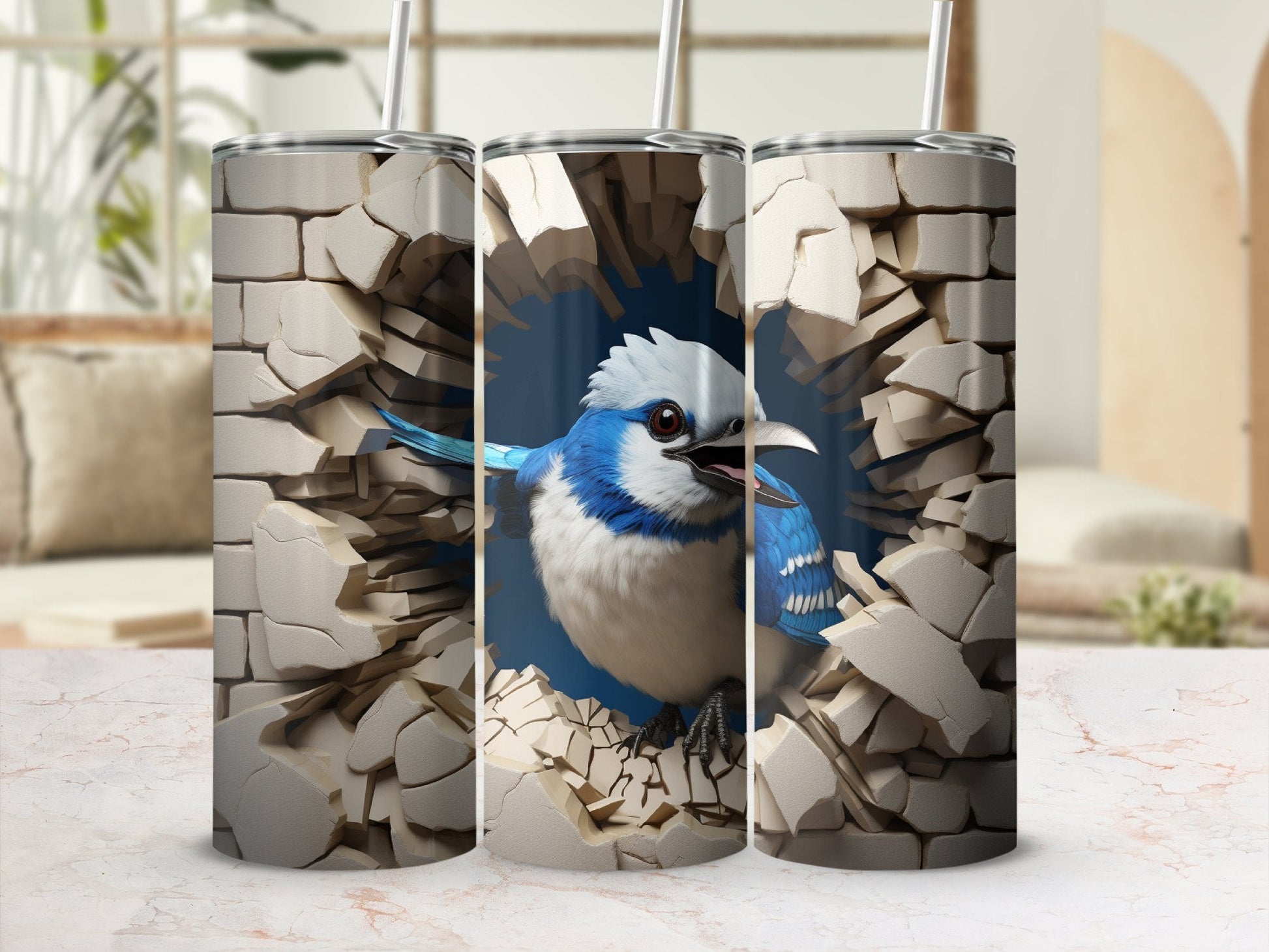 Blue Jay 3D Cracked Hole 20 Oz 20oz skinny tumbler - Premium tumbler from MyDesigns - Just $29.95! Shop now at Lees Krazy Teez