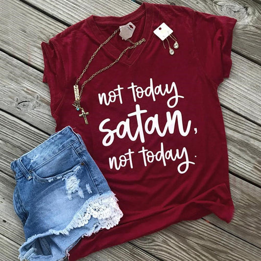 Relaxed Summer Vibes: V-Neck 'Not Today Satan' Print Tee for Women - Premium t-shirt from eprolo - Just $19.95! Shop now at Lees Krazy Teez