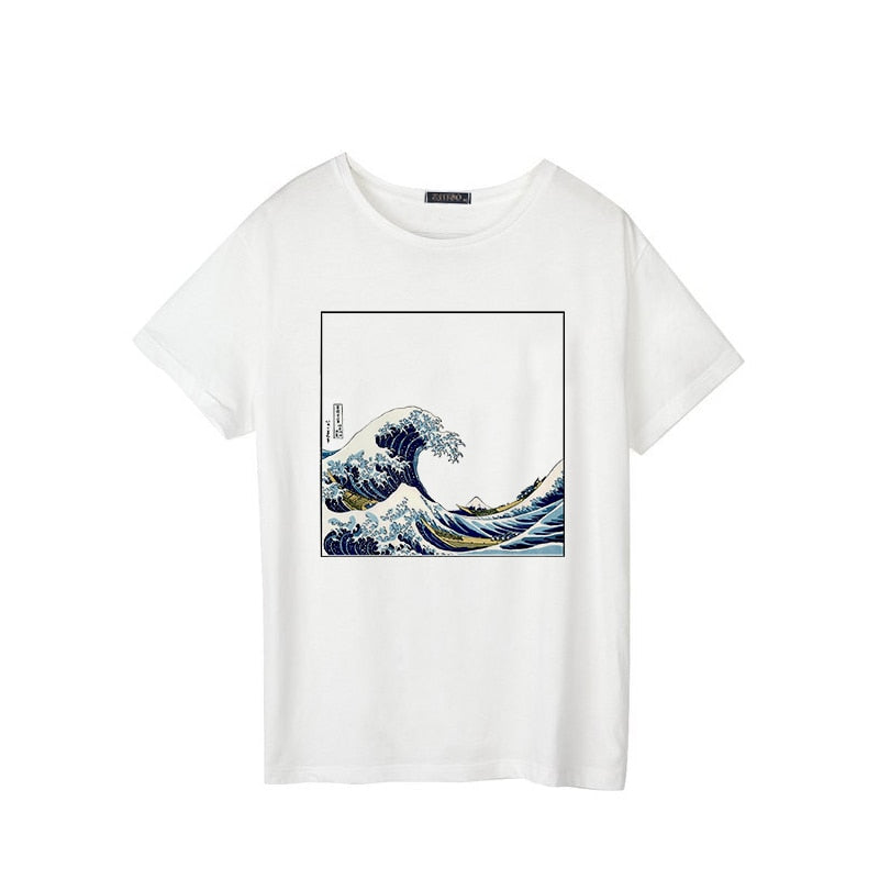 Ride the Summer Vibes: Japanese Wave Print Short-Sleeved O-Neck T-Shirt for Women's Casual Fun - Premium t-shirt from eprolo - Just $16.95! Shop now at Lees Krazy Teez