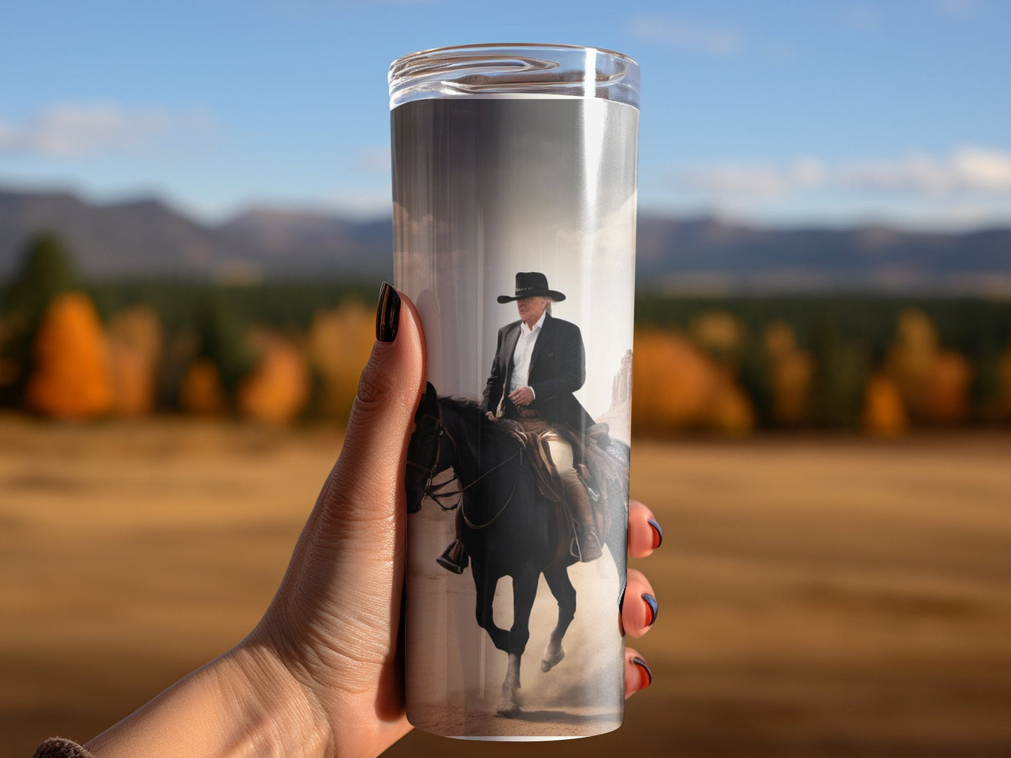 Donald Trump horse back riding in the desert 20oz skinny tumbler - Premium tumbler from MyDesigns - Just $29.95! Shop now at Lees Krazy Teez
