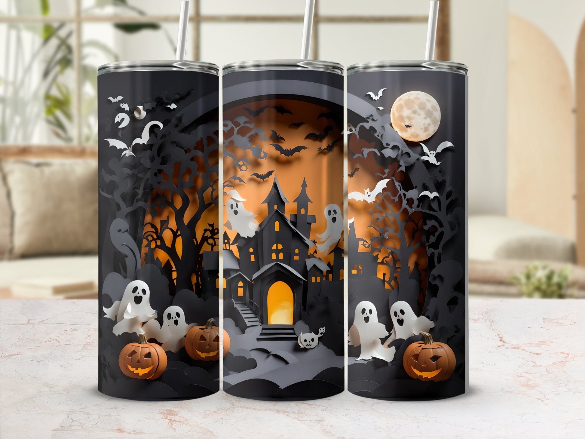 Spooky scary ghost and pumpkins castle tumbler - Premium tumbler from MyDesigns - Just $29.95! Shop now at Lees Krazy Teez