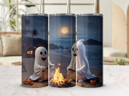 Ghost roasting marshmellows over campfire skinny tumbler - Premium tumbler from MyDesigns - Just $26.95! Shop now at Lees Krazy Teez