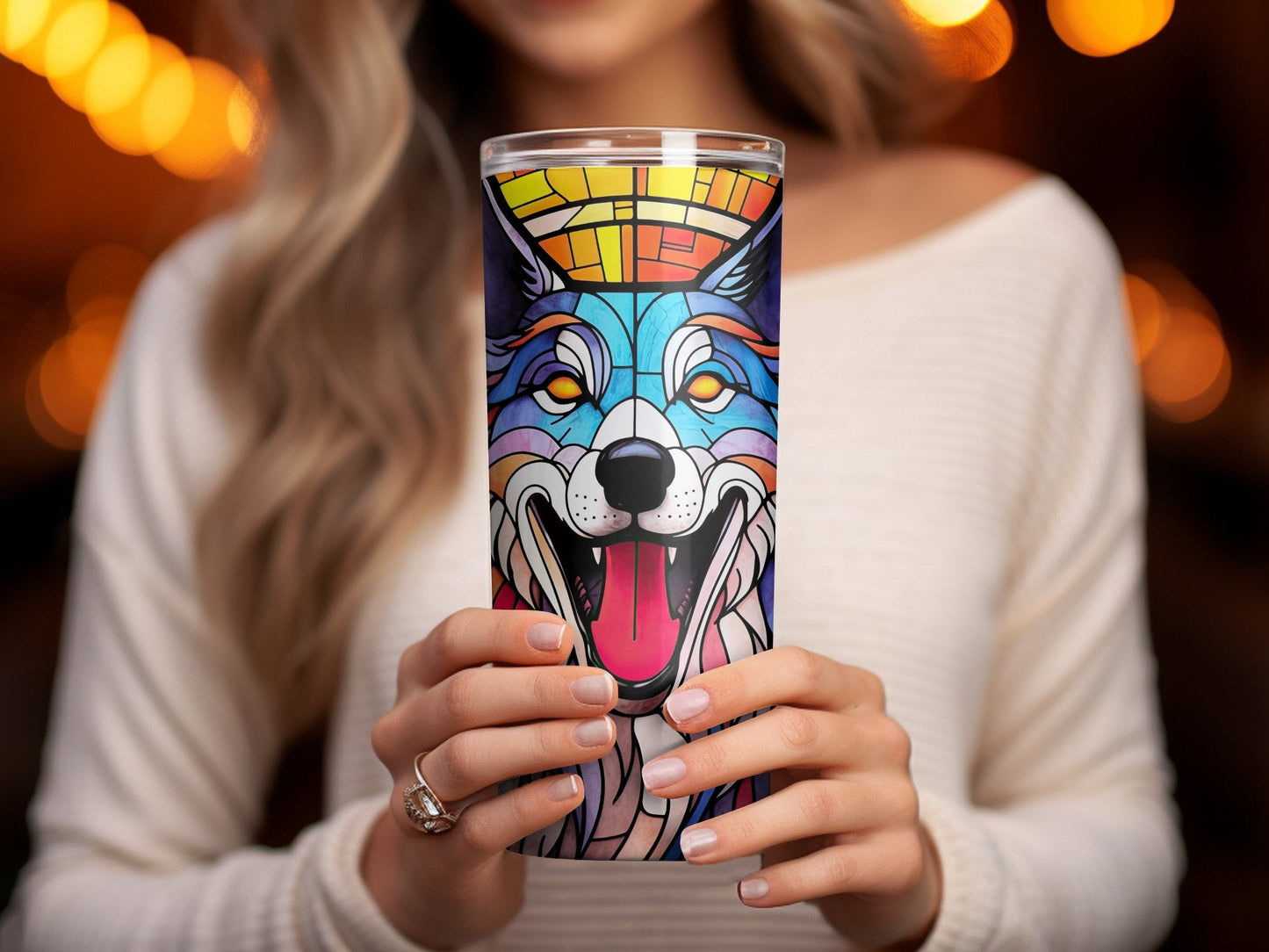 3d wolf laughing stained glass art 20oz skinny tumbler - Premium tumbler from MyDesigns - Just $29.95! Shop now at Lees Krazy Teez