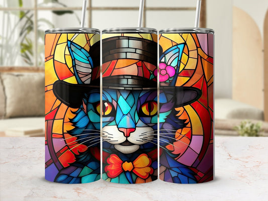 stained glass cat wearing hat 20oz skinny tumbler - Premium tumbler from MyDesigns - Just $29.95! Shop now at Lees Krazy Teez