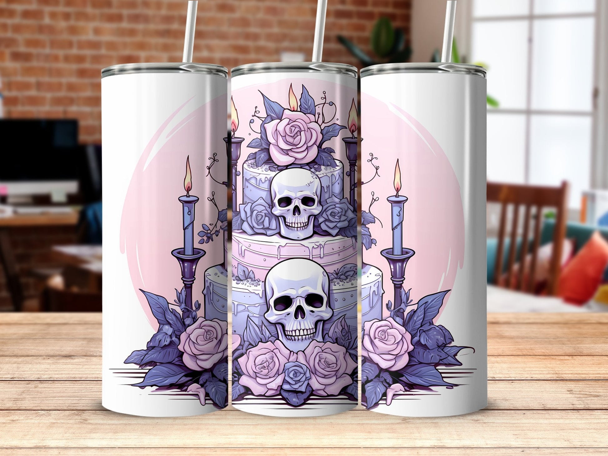 Skull cake of pink roses and candles 20oz skinny sublimation tumbler - Premium tumbler from MyDesigns - Just $29.95! Shop now at Lees Krazy Teez
