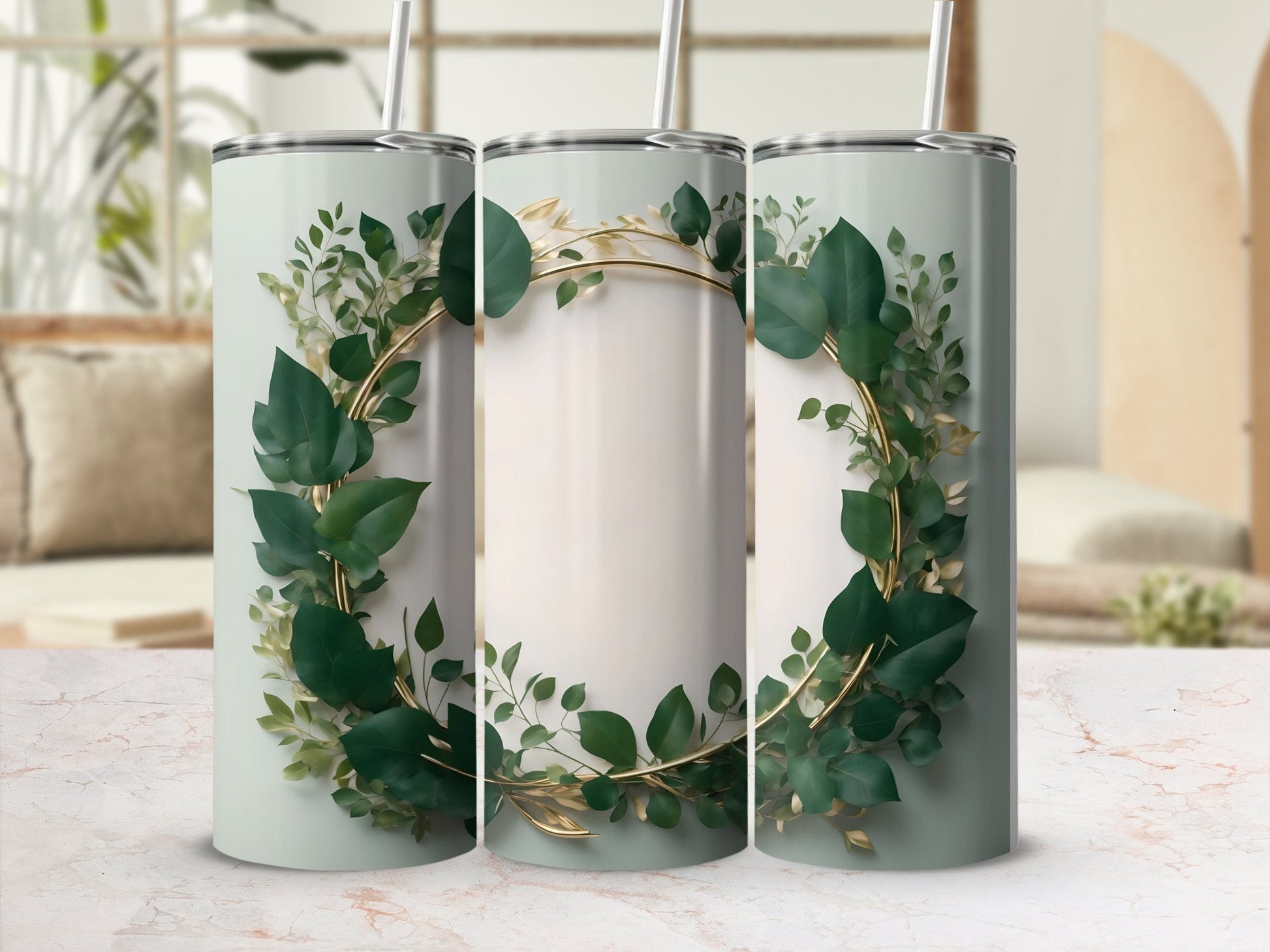 Elegant And Greenery Leaves Frame 3D Tumbler Wrap - Premium tumbler from MyDesigns - Just $26.95! Shop now at Lees Krazy Teez