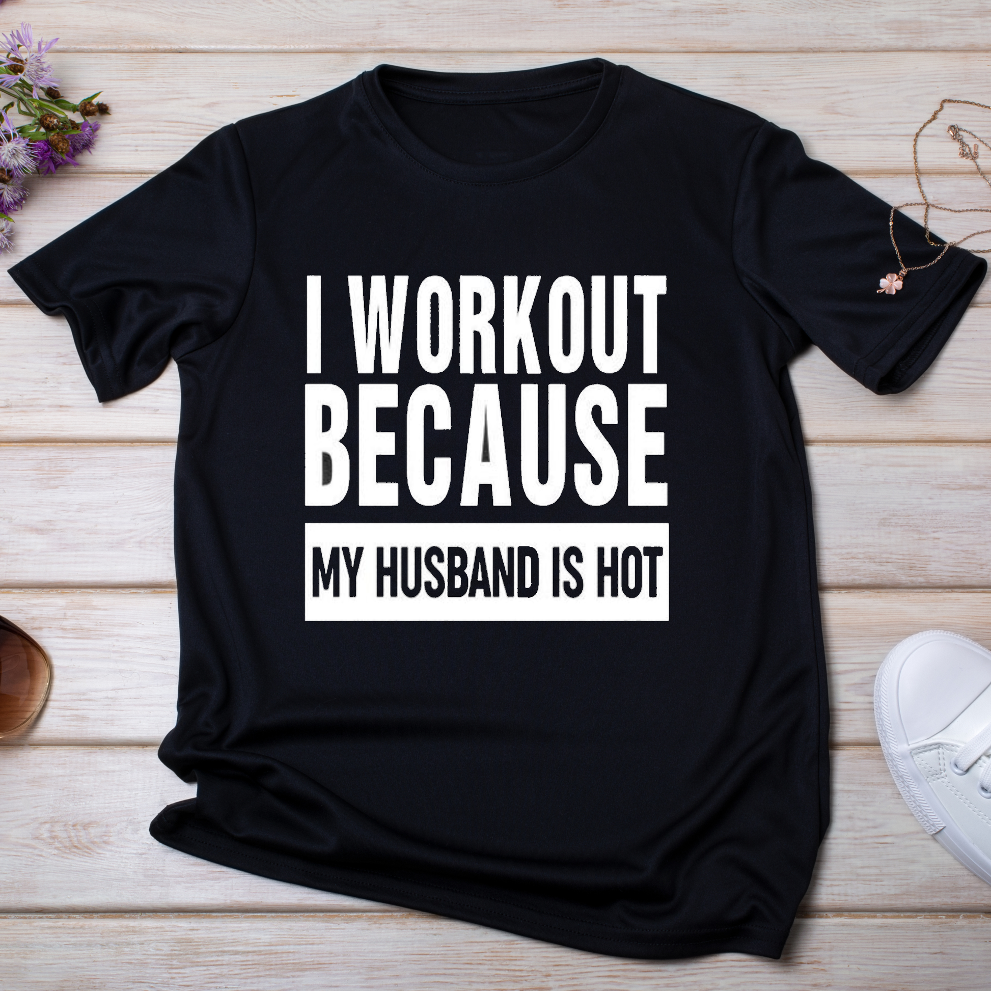 I workout because my husband is hot t-shirt - Premium t-shirt from MyDesigns - Just $16.95! Shop now at Lees Krazy Teez