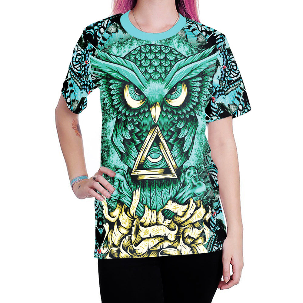 Summer Vibes: Stylish 3D Owl Print Women's T-Shirt with Gold Metal Accents - Premium t-shirt from eprolo - Just $21.95! Shop now at Lees Krazy Teez