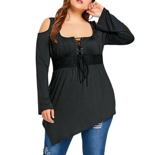 Asymmetrical Elegance: Plus Size Cold Shoulder T-shirt with Lace-Up Detail - Premium t-shirt from eprolo - Just $24.95! Shop now at Lees Krazy Teez
