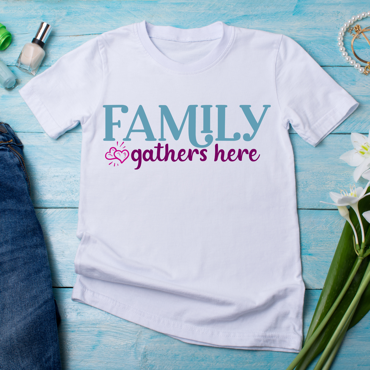 Family gathers here awesome women family t-shirt - Premium t-shirt from Lees Krazy Teez - Just $21.95! Shop now at Lees Krazy Teez