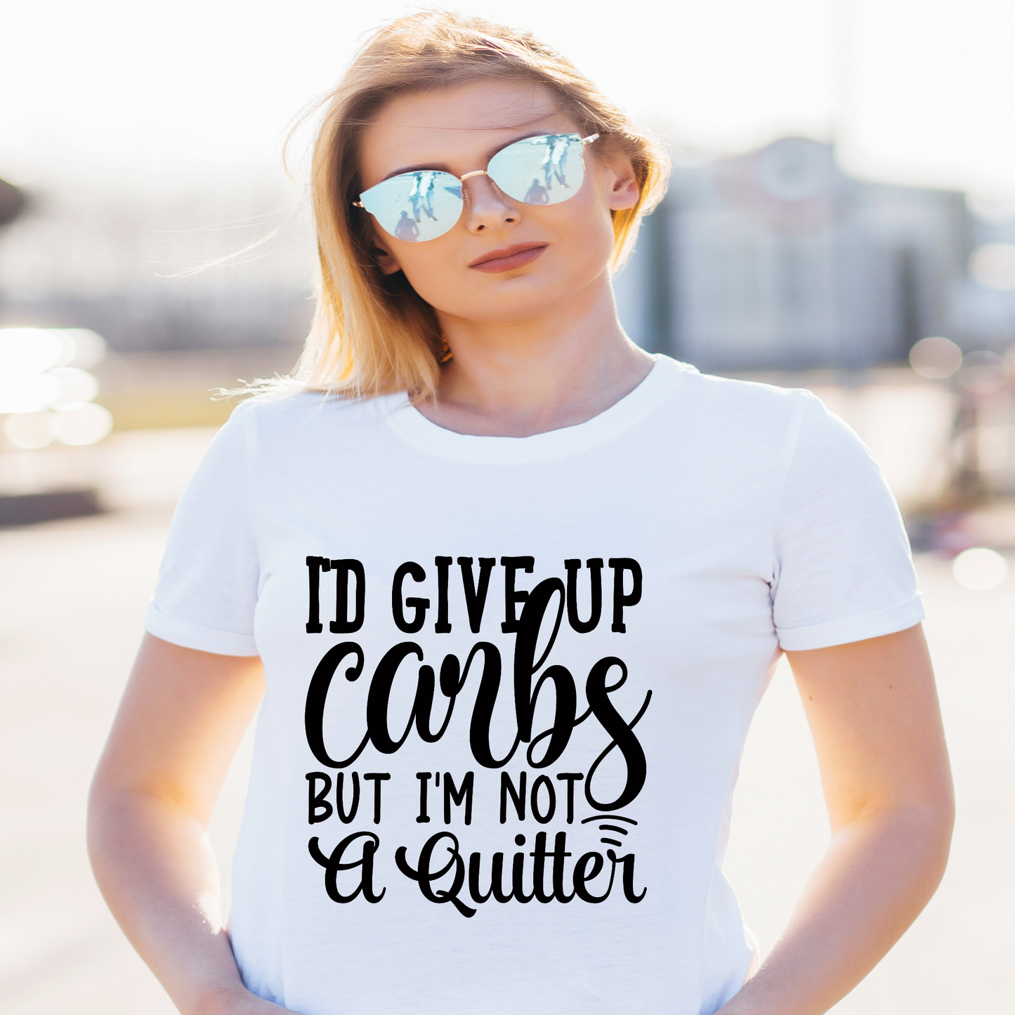 I'd give up carbs but I'm not a quitter - Women's hilarious funny t-shirt - Premium t-shirt from Lees Krazy Teez - Just $19.95! Shop now at Lees Krazy Teez