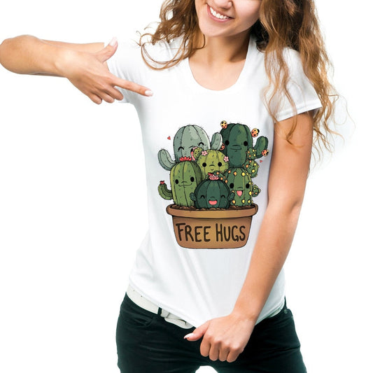 Cute Cactus Free Hugs Design Print T-Shirt Casual Tops for Women - Premium t-shirt from eprolo - Just $16.95! Shop now at Lees Krazy Teez