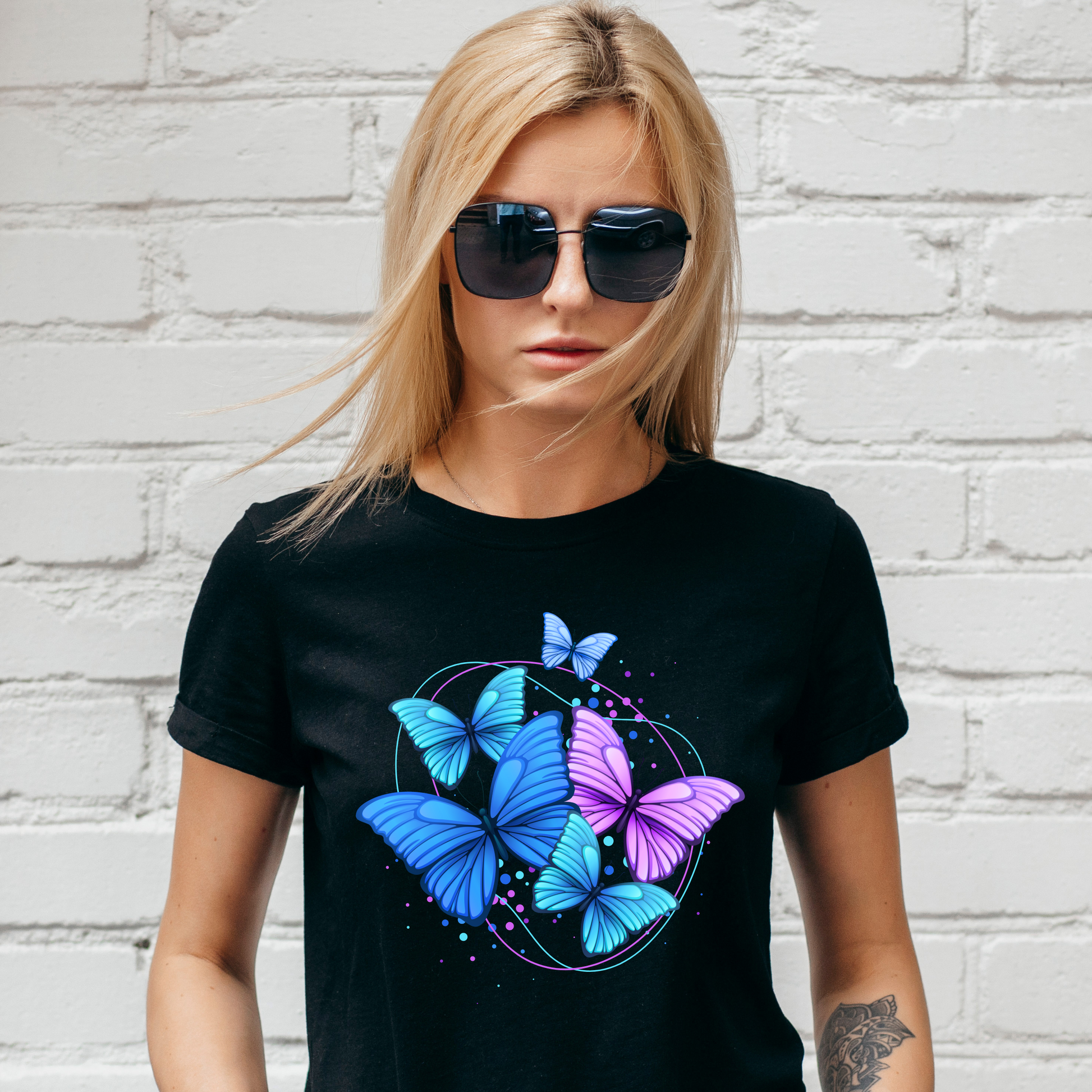 Pink and Blue Butterflies - Women's t-shirt - Premium t-shirt from Lees Krazy Teez - Just $19.95! Shop now at Lees Krazy Teez