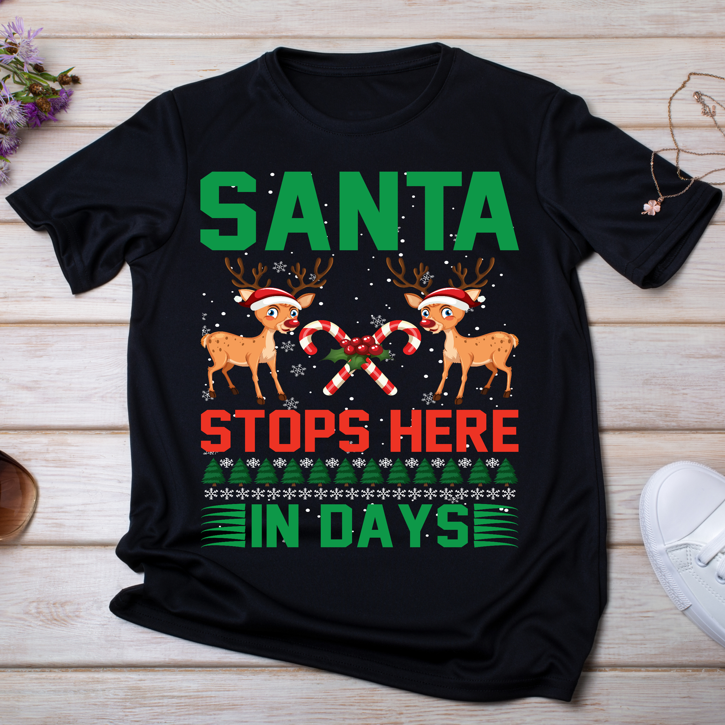 Santa stops here in days Women's Christmas t-shirt - Premium t-shirt from Lees Krazy Teez - Just $21.95! Shop now at Lees Krazy Teez