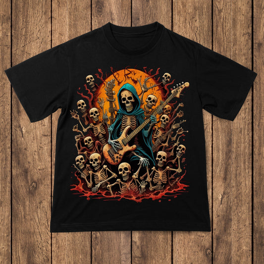Skeletens rocking out splash art Halloween horror t-shirt - Premium t-shirt from Lees Krazy Teez - Just $24.95! Shop now at Lees Krazy Teez