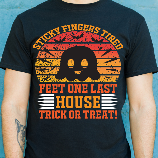 Sticky fingers tired feet one last house trick or treat Halloween Men's t-shirt - Premium t-shirt from Lees Krazy Teez - Just $21.95! Shop now at Lees Krazy Teez