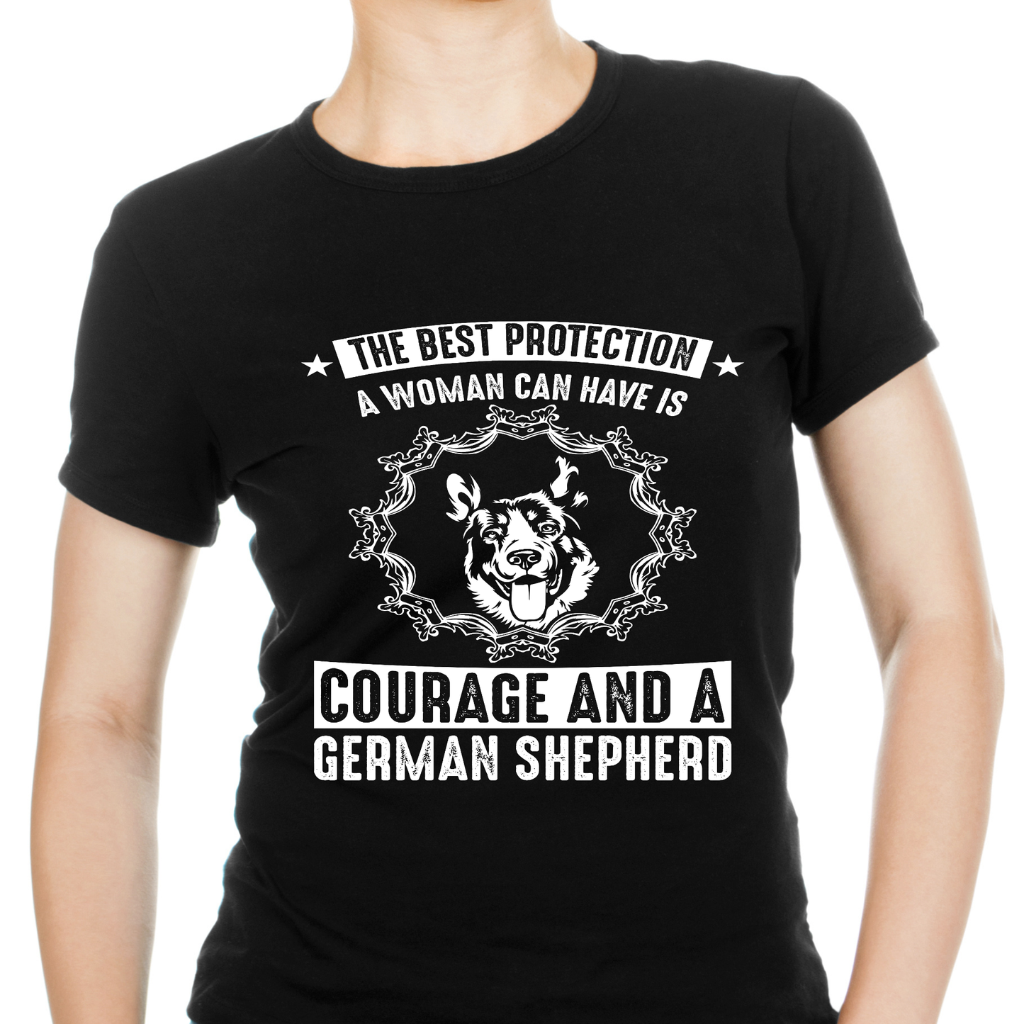 The best protection a woman can have is courage and a German Shepherd - Premium t-shirt from Lees Krazy Teez - Just $19.95! Shop now at Lees Krazy Teez