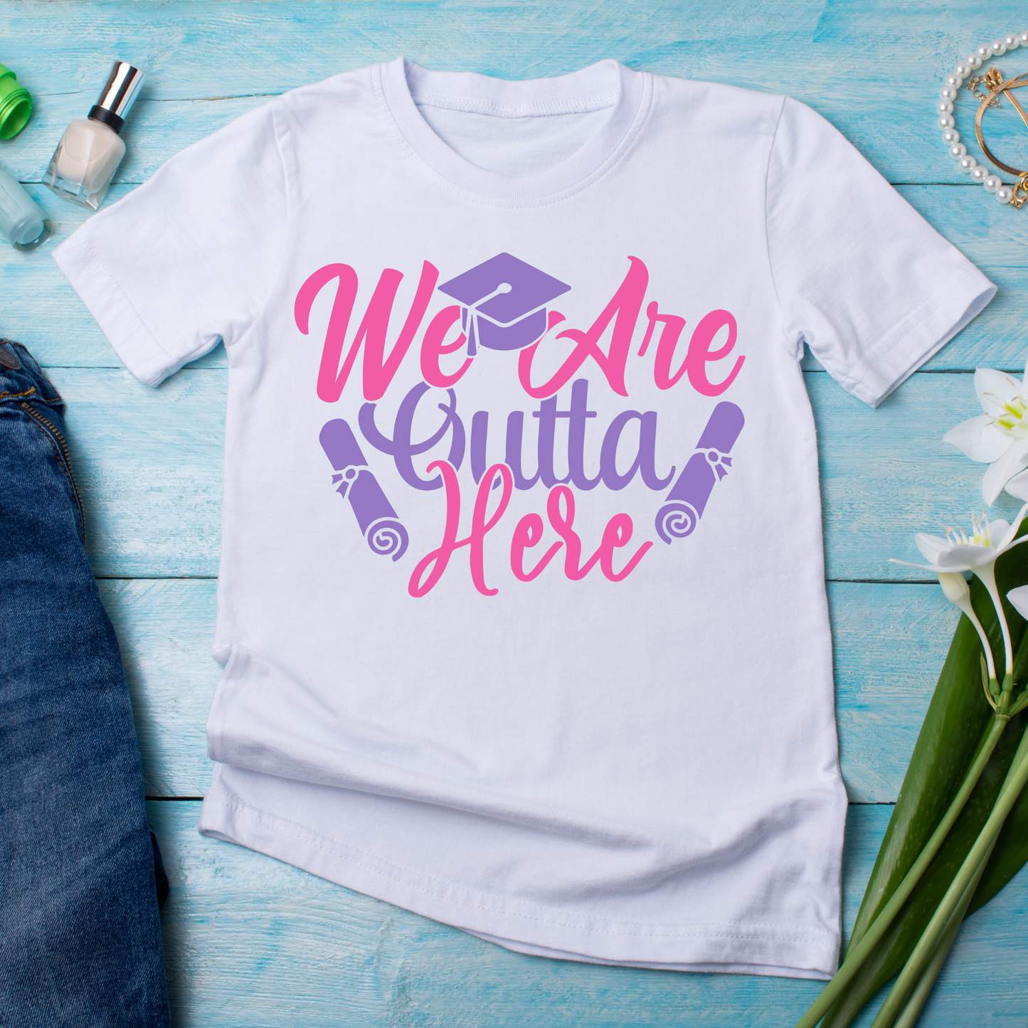 We are outta here 2024 graduation Women's t-shirt - Premium t-shirt from Lees Krazy Teez - Just $21.95! Shop now at Lees Krazy Teez