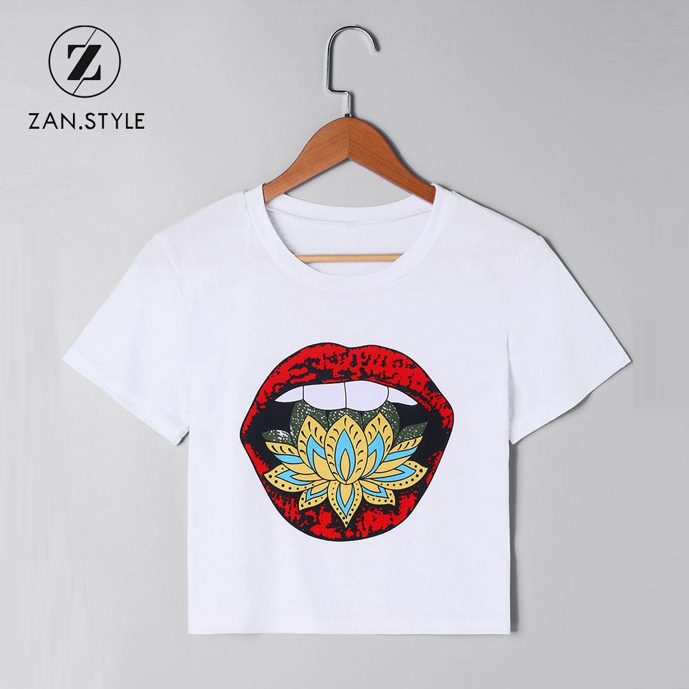 Mouth Print Flower Cropped T-Shirt Punk Kpop Fashion Girl Tee Shirt Women Tops Streetwear Teenager Camiseta Feminina - Premium  from eprolo - Just $15.88! Shop now at Lees Krazy Teez