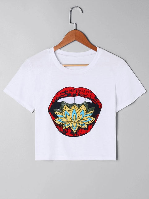 Mouth Print Flower Cropped T-Shirt Punk Kpop Fashion Girl Tee Shirt Women Tops Streetwear Teenager Camiseta Feminina - Premium  from eprolo - Just $15.88! Shop now at Lees Krazy Teez