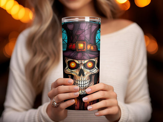 3d skull in hat hororr stained glass 20oz skinny tumbler - Premium tumbler from MyDesigns - Just $29.95! Shop now at Lees Krazy Teez