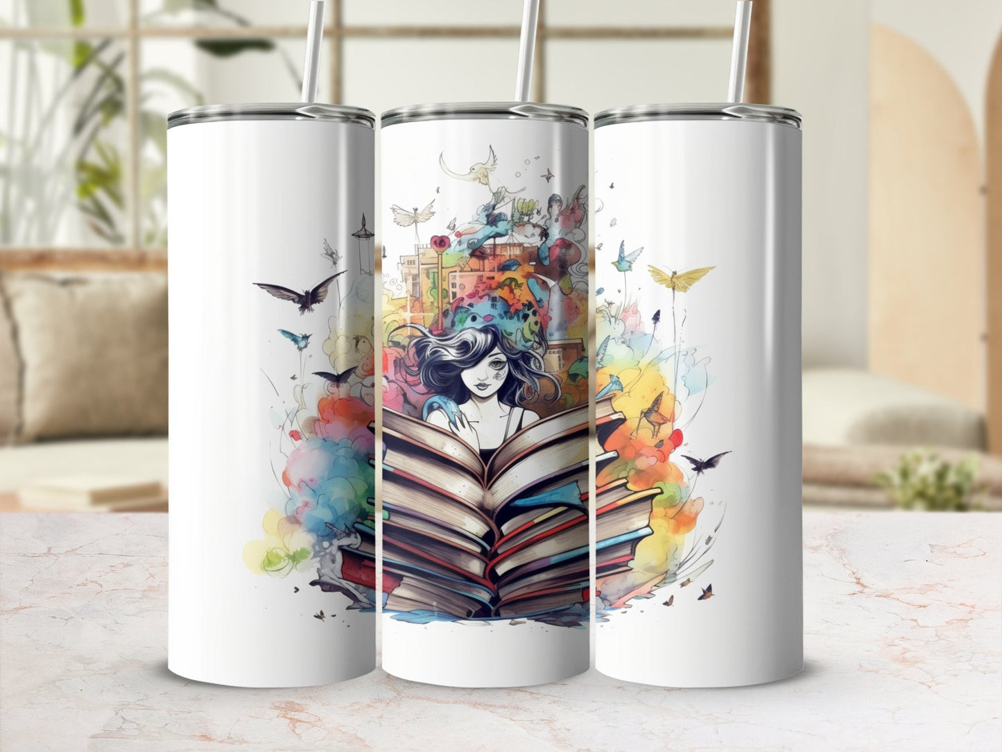 Lady reading books splash art 3d tumbler - Premium tumbler from MyDesigns - Just $26.95! Shop now at Lees Krazy Teez