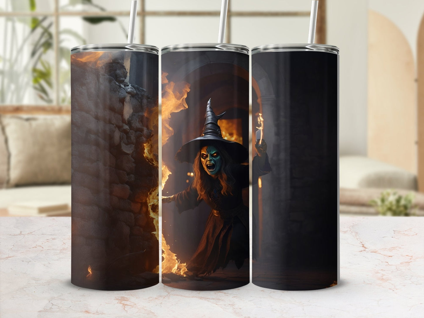 Witch Halloween fire skinny sublimation tumbler - Premium tumbler from MyDesigns - Just $29.95! Shop now at Lees Krazy Teez