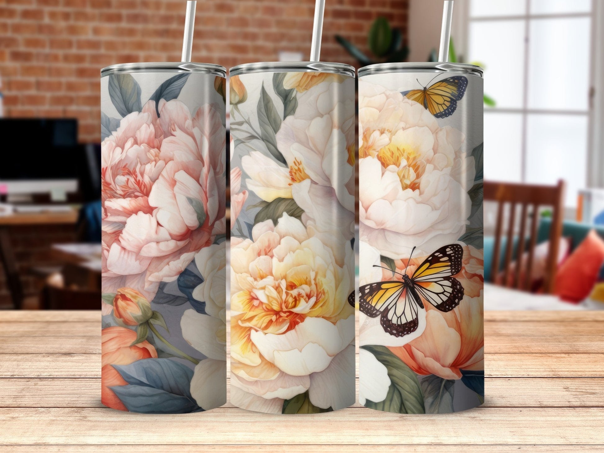 Red yellow roses summer flower butterfly tumbler - Premium tumbler from MyDesigns - Just $29.95! Shop now at Lees Krazy Teez