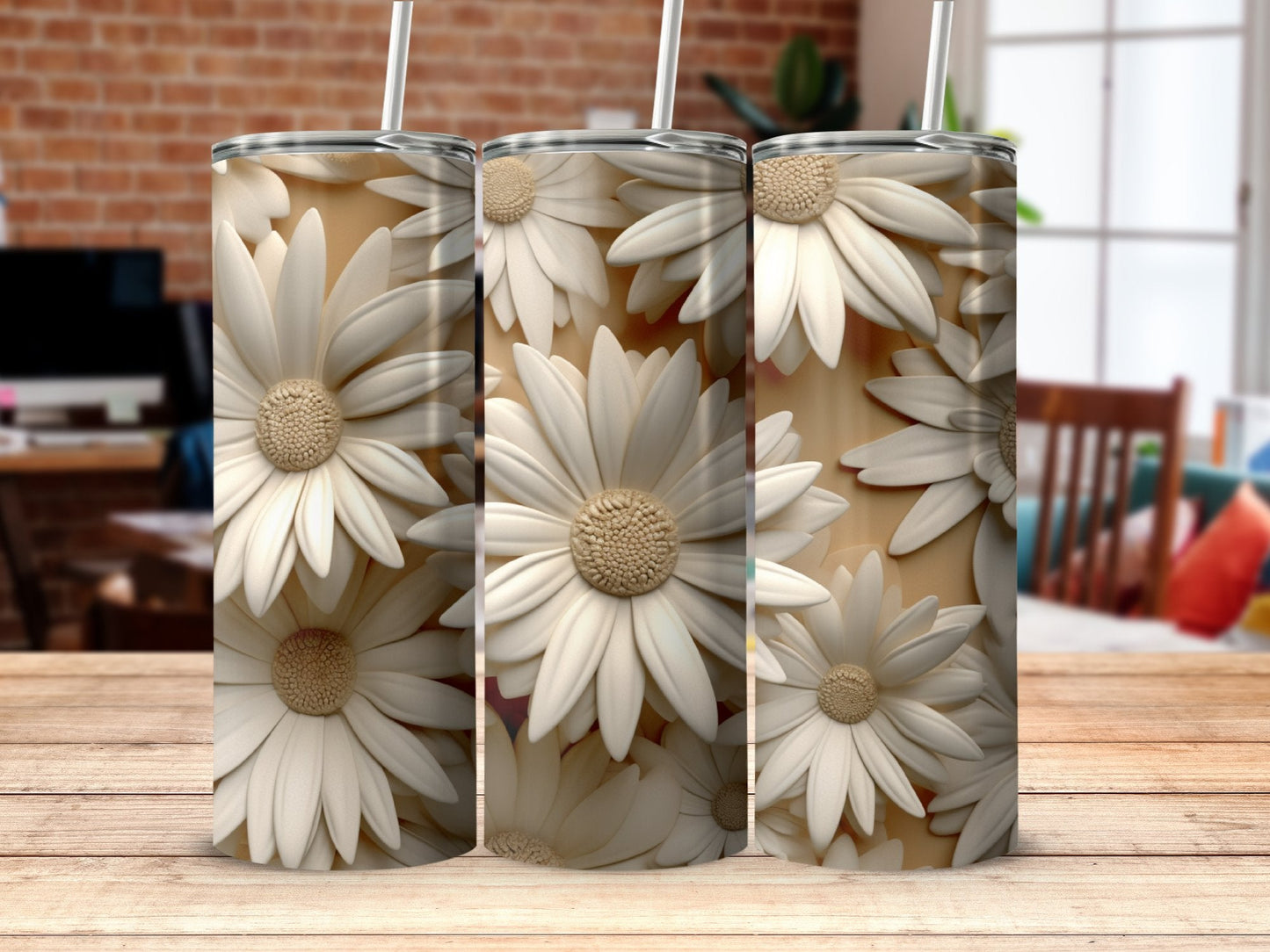 3D Beige Daisy Flowers 20 Oz 20oz skinny tumbler - Premium tumbler from MyDesigns - Just $26.95! Shop now at Lees Krazy Teez