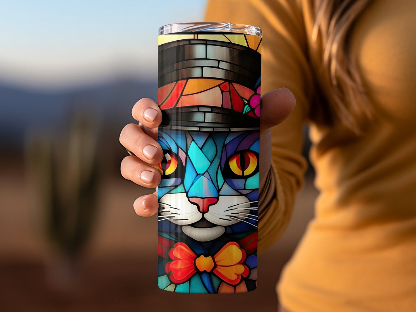 stained glass cat wearing hat 20oz skinny tumbler - Premium tumbler from MyDesigns - Just $29.95! Shop now at Lees Krazy Teez