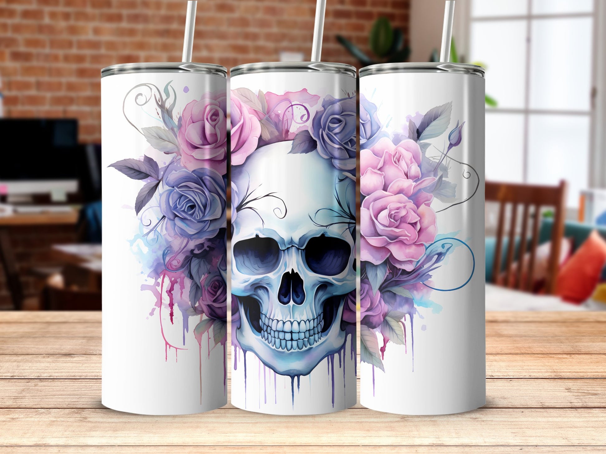 Pretty emo skull of pink and purple roses - 20oz skinny sublimation tumbler - Premium tumbler from MyDesigns - Just $29.95! Shop now at Lees Krazy Teez