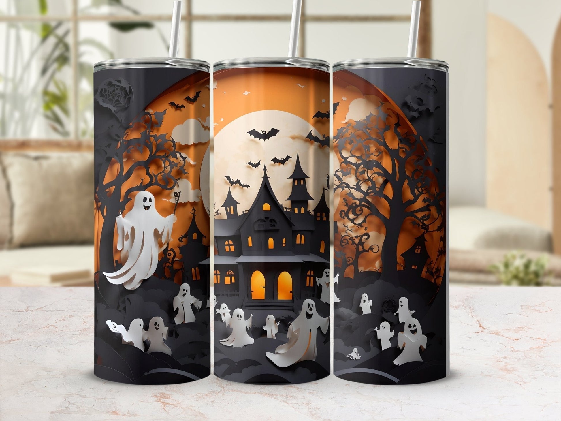 Ghost celebrating Halloween 20oz skinny tumbler - Premium tumbler from MyDesigns - Just $26.95! Shop now at Lees Krazy Teez