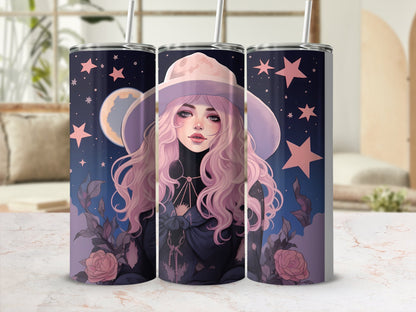 Witch with pink hair under the stars - 20oz skinny sublimation tumbler - Premium tumbler from MyDesigns - Just $29.95! Shop now at Lees Krazy Teez