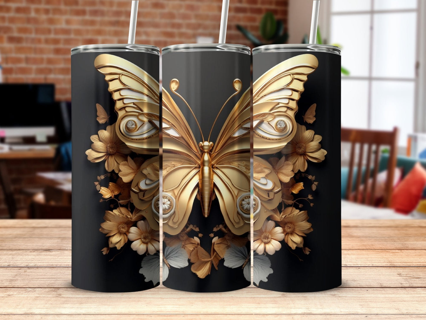 3D Flower Gold Butterfly 20 Oz 20oz skinny tumbler - Premium tumbler from MyDesigns - Just $26.95! Shop now at Lees Krazy Teez