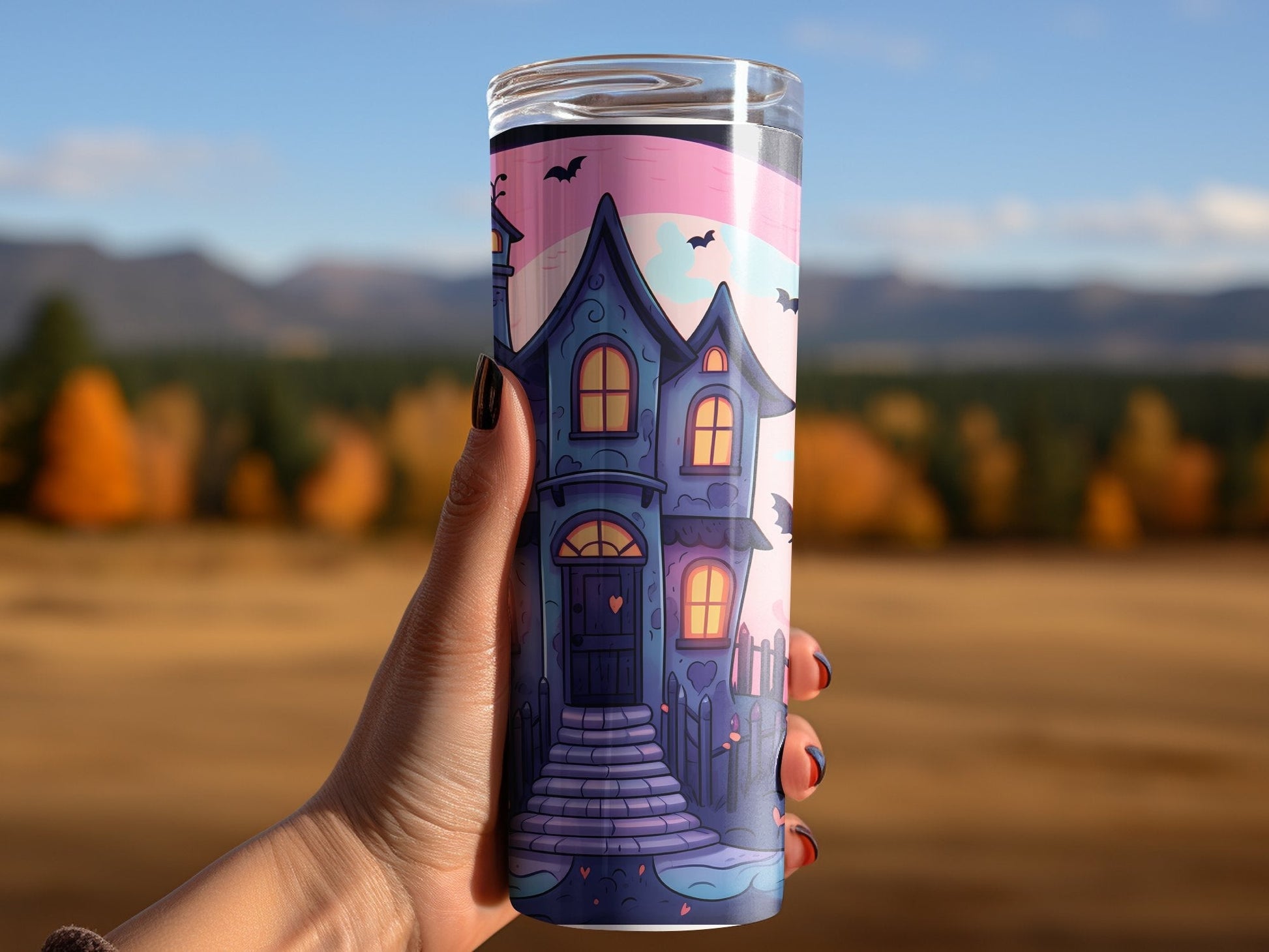 Halloween pumpkin haunted manor 20oz skinny tumbler - Premium tumbler from MyDesigns - Just $26.95! Shop now at Lees Krazy Teez