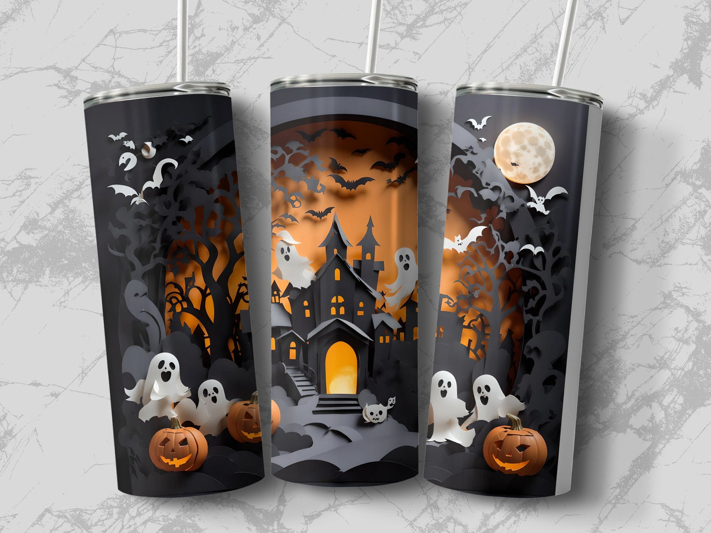 Spooky scary ghost and pumpkins castle tumbler - Premium tumbler from MyDesigns - Just $29.95! Shop now at Lees Krazy Teez