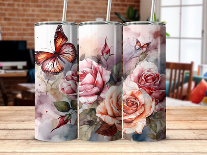 Ruby red butterflies Summer Flowers Tumbler - Premium tumbler from MyDesigns - Just $29.95! Shop now at Lees Krazy Teez