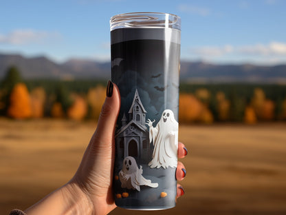 Halloween Party With Ghost 3D Tumbler Wrap skinny tumbler - Premium tumbler from MyDesigns - Just $26.95! Shop now at Lees Krazy Teez