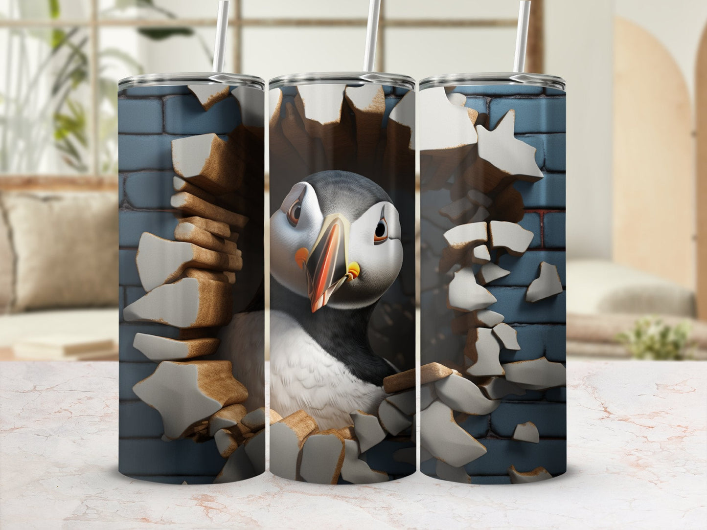 Puffin 3D Cracked Hole Vector art 20oz skinny tumbler - Premium tumbler from MyDesigns - Just $29.95! Shop now at Lees Krazy Teez