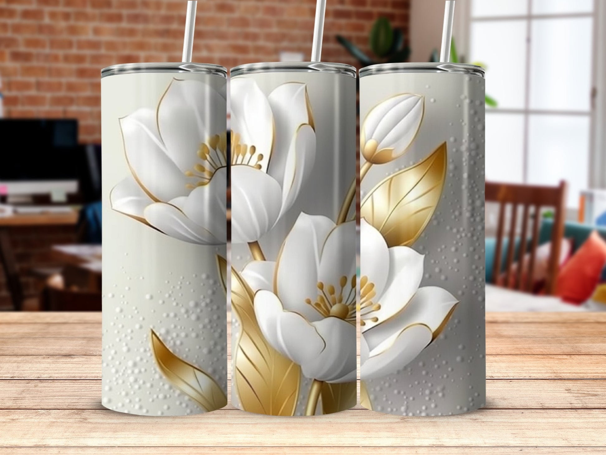 3D White Gold Tulips Flowers 20 Oz 20oz skinny tumbler - Premium tumbler from MyDesigns - Just $29.95! Shop now at Lees Krazy Teez