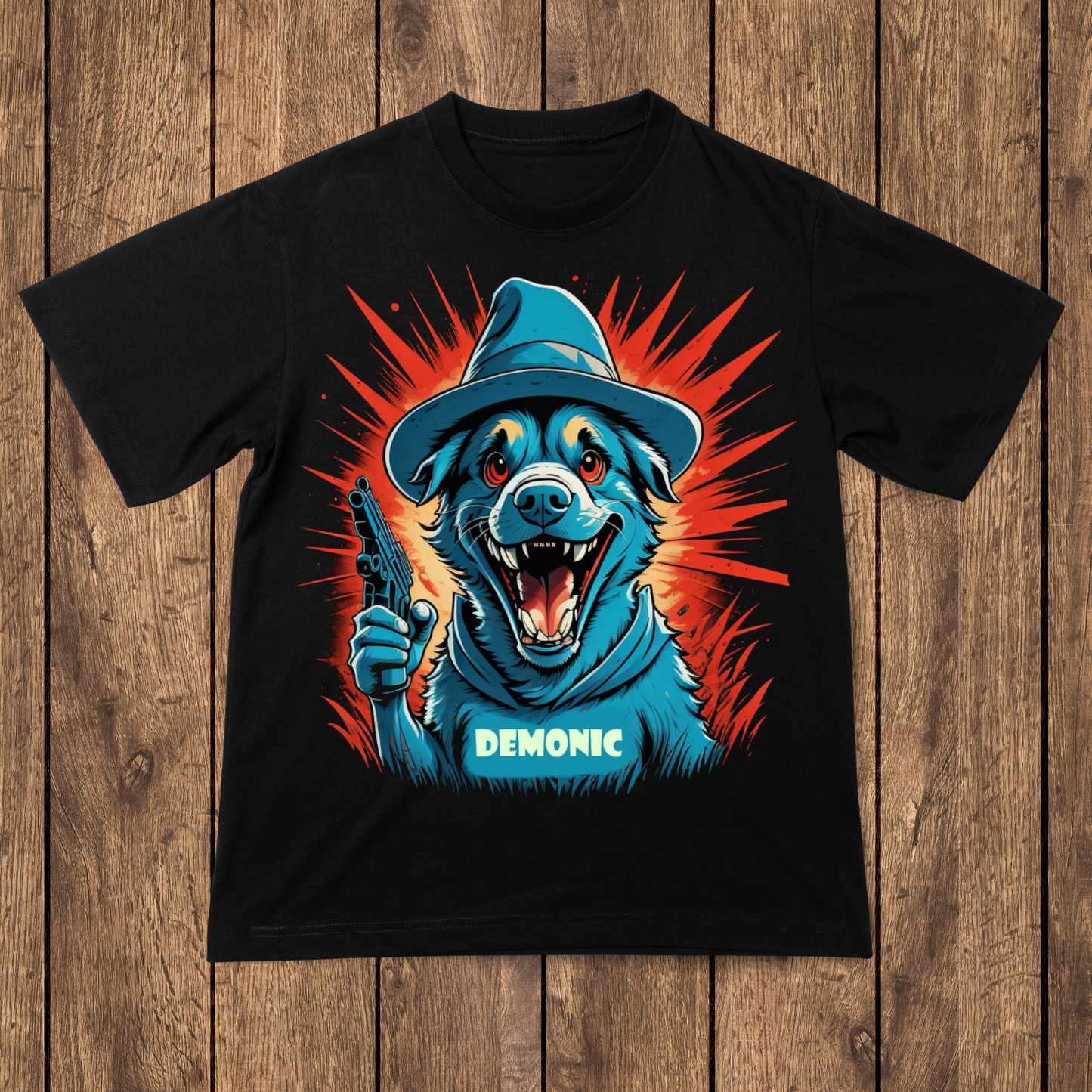 demonic dog laughing cowboy Halloween splash art t shirt - Premium t-shirt from Lees Krazy Teez - Just $21.95! Shop now at Lees Krazy Teez