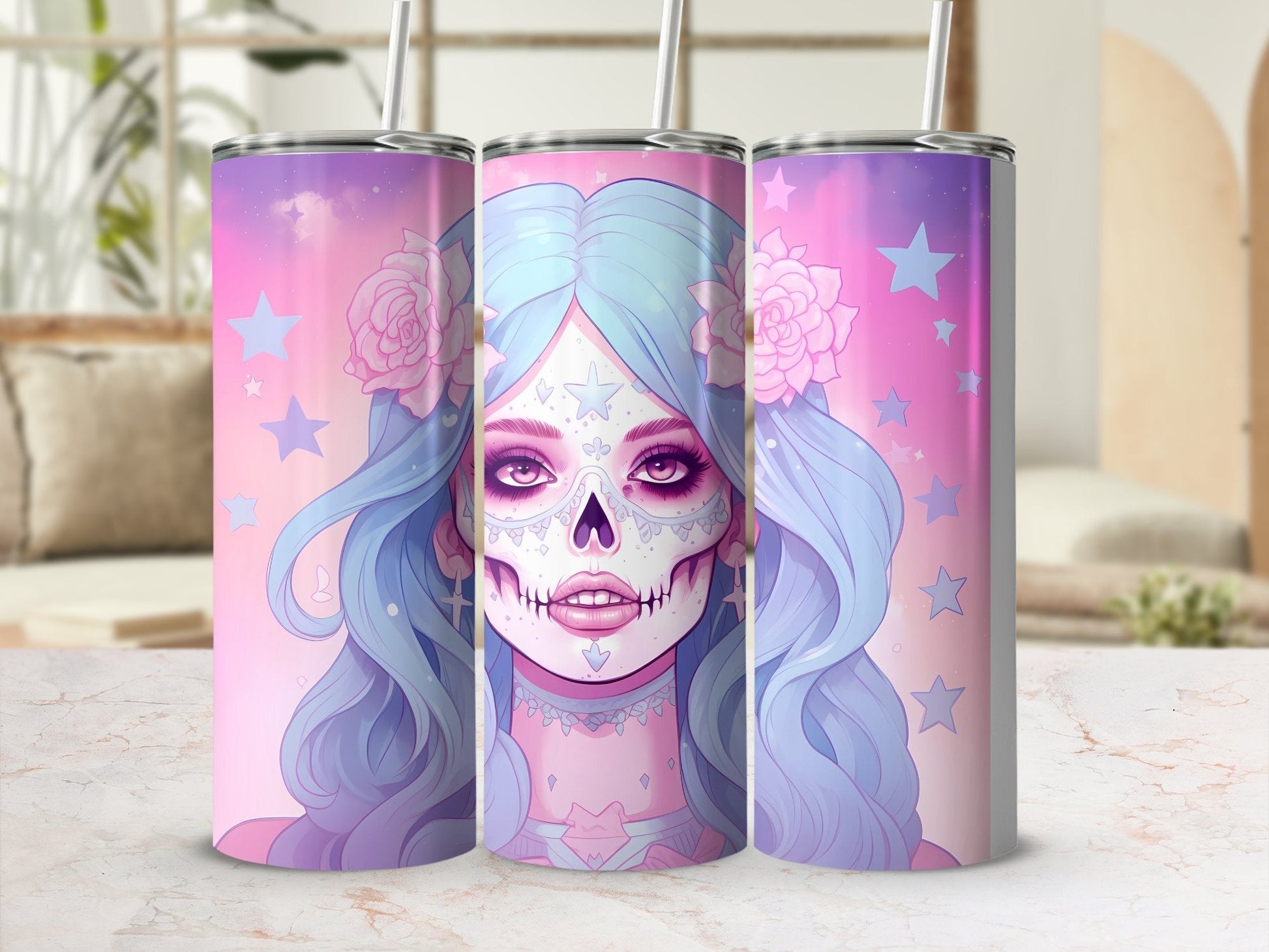 skull pink blue magic witch 20oz skinny sublimation tumbler - Premium tumbler from MyDesigns - Just $29.95! Shop now at Lees Krazy Teez