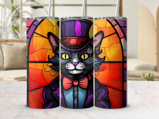 Stained glass cat in hat and suit 20oz skinny tumbler - Premium tumbler from MyDesigns - Just $29.95! Shop now at Lees Krazy Teez