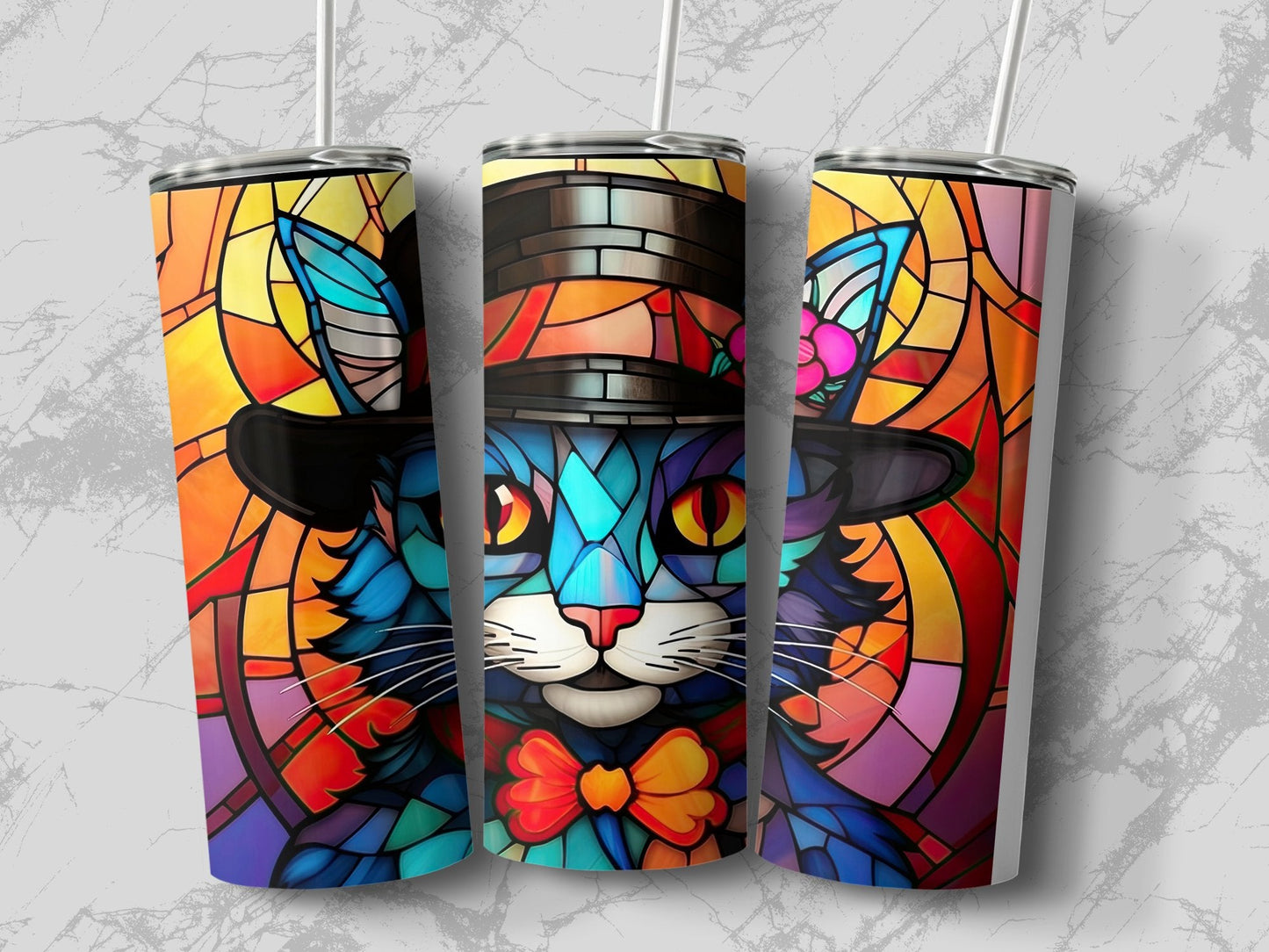 stained glass cat wearing hat 20oz skinny tumbler - Premium tumbler from MyDesigns - Just $29.95! Shop now at Lees Krazy Teez