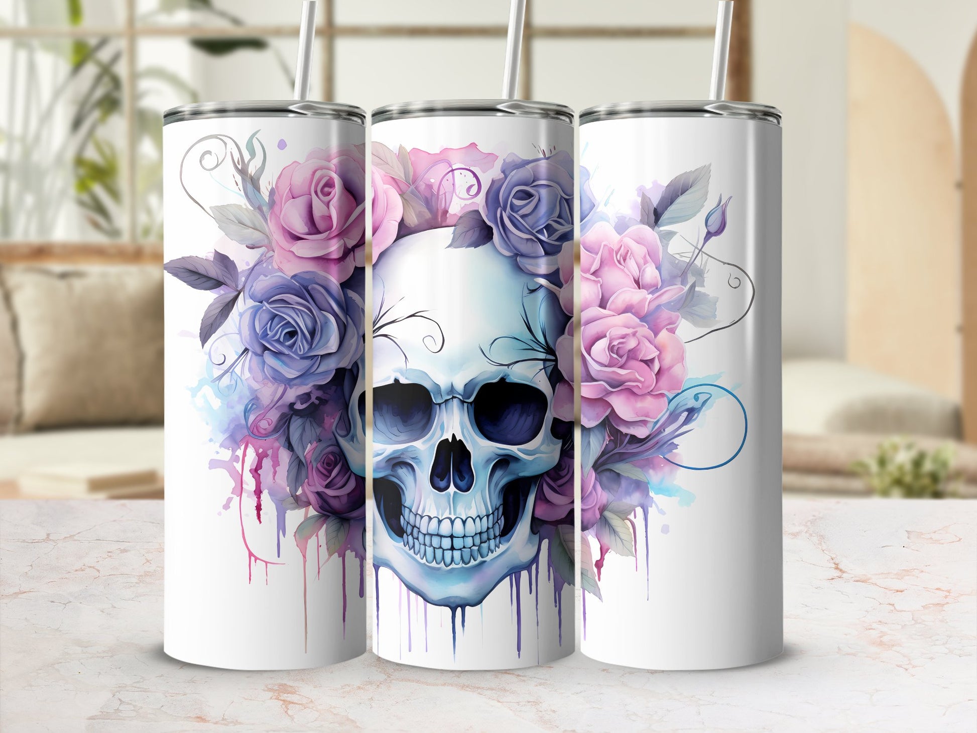 Pretty emo skull of pink and purple roses - 20oz skinny sublimation tumbler - Premium tumbler from MyDesigns - Just $29.95! Shop now at Lees Krazy Teez